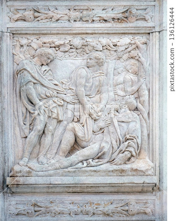 The Noah elation, relief on portal of Saint Petronius Basilica in Bologna, Italy The Noah elation, relief on portal of Saint Petronius Basilica in Bologna, Italy 136126444
