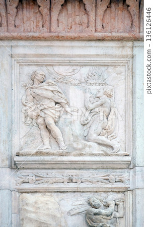 Cain and Abel sacrifices, Genesis relief on portal of Saint Petronius Basilica in Bologna, Italy Cain and Abel sacrifices, Genesis relief on portal of Saint Petronius Basilica in Bologna, Italy 136126446