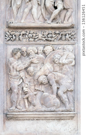 The finding of the cup in Benjamin's sack by Gerolamo da Treviso, right door of San Petronio Basilica in Bologna, Italy 136126451