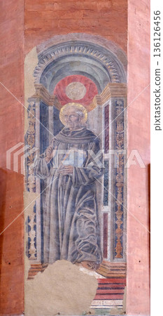 Saint, fresco painting in San Petronio Basilica in Bologna, Italy 136126456