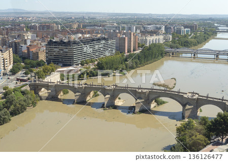 aerial view of the Ebro river as it passes through Zaragoza, Spain 136126477