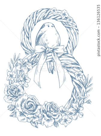 A bird with a ribbon on a braided wreath in the shape of the number eight, decorated with roses and flowers. A spring illustration for International Women s Day March 8 celebrations and weddings. A bird with a ribbon on a braided wreath in the shape of the number eight, decorated with roses and flowers. A spring illustration for International Women s Day March 8 celebrations and weddings. 136126535