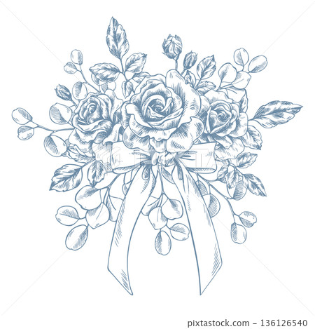 This hand-drawn monochrome line drawing depicts a delicate bouquet of roses and eucalyptus, tied with a bow, perfect for spring holiday and wedding decorations. Graphic illustration with blue ink. This hand-drawn monochrome line drawing depicts a delicate bouquet of roses and eucalyptus, tied with a bow, perfect for spring holiday and wedding decorations. Graphic illustration with blue ink. 136126540