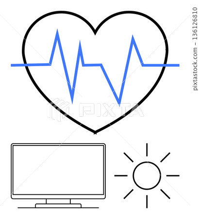 Healthcare, technology, wellness, heart monitoring, medical data, telemedicine. Heartbeat line in heart, computer monitor sun icon. Healthcare and technology concept Healthcare, technology, wellness, heart monitoring, medical data, telemedicine. Heartbeat line in heart, computer monitor sun icon. Healthcare and technology concept 136126810