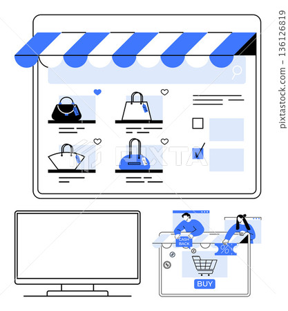 E-commerce, online shopping, digital purchases, retail marketing, storefronts, and consumer behavior. Screen with bag options and checkout interface. E-commerce and online shopping explored E-commerce, online shopping, digital purchases, retail marketing, storefronts, and consumer behavior. Screen with bag options and checkout interface. E-commerce and online shopping explored 136126819