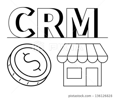 Marketing, business strategy, customer management, sales optimization, retail operations, financial planning. CRM text with coin and storefront. Business strategy and customer management concept Marketing, business strategy, customer management, sales optimization, retail operations, financial planning. CRM text with coin and storefront. Business strategy and customer management concept 136126828