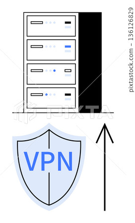 Online privacy, data protection, secure browsing, encryption, cybersecurity, internet safety. Data servers and a shield labeled VPN. Online privacy and data protection Online privacy, data protection, secure browsing, encryption, cybersecurity, internet safety. Data servers and a shield labeled VPN. Online privacy and data protection 136126829