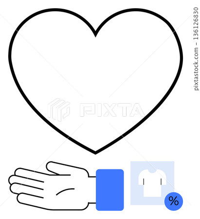 Charity, donations, e-commerce, helping hand, apparel sales, giving back. A heart symbol with an open hand and a discount sign near a clothing icon. Charity and donations visual Charity, donations, e-commerce, helping hand, apparel sales, giving back. A heart symbol with an open hand and a discount sign near a clothing icon. Charity and donations visual 136126830
