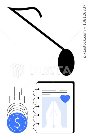 Charity, music, donations, philanthropy, nonprofit fundraising, altruism. A music note, falling coins blue heart and a charity notebook. Charity and music fundraising concept 136126837
