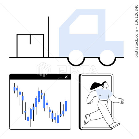 Logistics, financial analysis, tech innovation, e-commerce, transportation, and business solutions. A truck, stock market graph and a person in a smartphone. Logistics and financial analysis concept 136126840