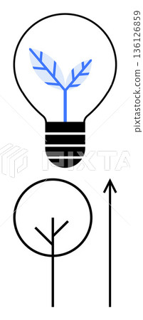 Sustainability, innovation, growth, renewable energy, eco-consciousness, environmental design. Light bulb with leafy design, tree symbol upward arrow. Sustainability and innovation concept Sustainability, innovation, growth, renewable energy, eco-consciousness, environmental design. Light bulb with leafy design, tree symbol upward arrow. Sustainability and innovation concept 136126859