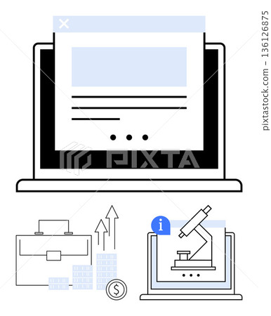 Business development, data analysis, online tools, financial growth, research, information technology. a laptop, graph microscope and briefcase icons. Business development and data analysis Business development, data analysis, online tools, financial growth, research, information technology. a laptop, graph microscope and briefcase icons. Business development and data analysis 136126875