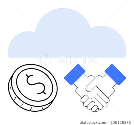 Business collaboration, finance management, cloud services, digital banking, online transactions, data security. Coin and handshake under a cloud icon. Business collaboration and finance management 136126876