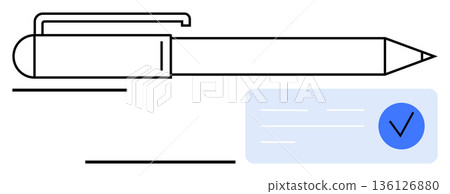 Office workflows, digital approval, electronic documentation, verification, signature tools, authorization. Black pen next to check mark. Digital approval and electronic documentation concept 136126880