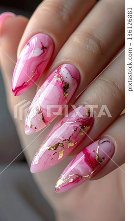 Elegant long nail art featuring pink marble and gold leaf | Cute gel nail design for adults 136126881