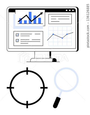 Data analytics, business strategies, planning tools, performance metrics, research, and optimization. Charts on a computer monitor with a magnifying glass and target icon. Data analytics and business Data analytics, business strategies, planning tools, performance metrics, research, and optimization. Charts on a computer monitor with a magnifying glass and target icon. Data analytics and business 136126885