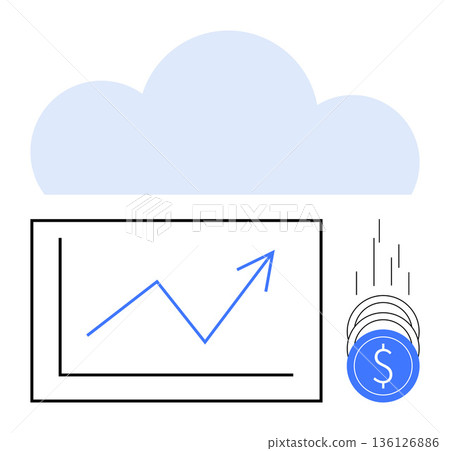 Cloud technology, data analytics, business development, finance solutions, investment growth, cloud storage. A cloud icon, upward trending graph and falling coins. Cloud technology and data Cloud technology, data analytics, business development, finance solutions, investment growth, cloud storage. A cloud icon, upward trending graph and falling coins. Cloud technology and data 136126886
