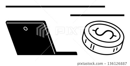 E-commerce, online transactions, digital banking, financial technology, cryptocurrency, business finance. Black laptop alongside a dollar coin symbol. E-commerce and online transactions concept E-commerce, online transactions, digital banking, financial technology, cryptocurrency, business finance. Black laptop alongside a dollar coin symbol. E-commerce and online transactions concept 136126887