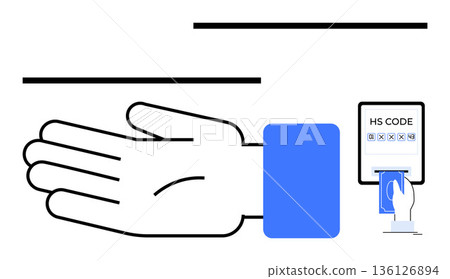 Automated payment, digital transactions, contactless payments, e-commerce, financial technology, modern trade. A hand in front of an HS code reader. Automated payment and digital transactions concept 136126894