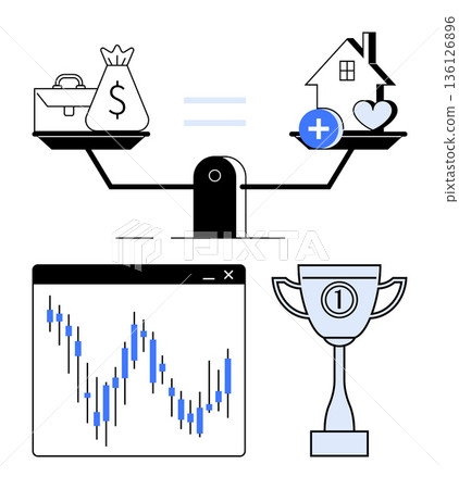 Personal finance, investment strategies, economic stability, achievement, wealth management, real estate. Scales balance money and home, graph trends trophy s success. Finance and investment Personal finance, investment strategies, economic stability, achievement, wealth management, real estate. Scales balance money and home, graph trends trophy s success. Finance and investment 136126896