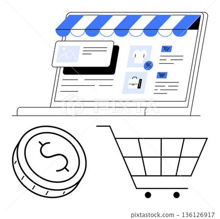 E-commerce, digital payments, online retail, shopping trends, purchasing behavior, finance concepts. Laptop with store interface, coin and cart icon. E-commerce and digital payments concept 136126917