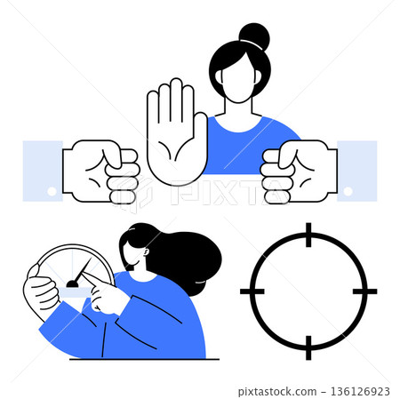 Personal boundaries, time management, self-regulation, goal setting, mindfulness, decision-making. Woman with hand gesture, speedometer and target symbol. Personal boundaries and time management Personal boundaries, time management, self-regulation, goal setting, mindfulness, decision-making. Woman with hand gesture, speedometer and target symbol. Personal boundaries and time management 136126923