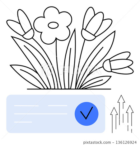 Growth, progress, success, verification, nature, productivity. Black outline flowers, blue checkmark box and upward arrows. Growth and success through natural and verify symbolism 136126924