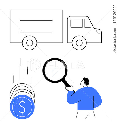 Logistics, financial planning, transportation, delivery services, investment analysis, shipping. Delivery truck, falling coins person holding magnifying glass. Logistics and financial planning Logistics, financial planning, transportation, delivery services, investment analysis, shipping. Delivery truck, falling coins person holding magnifying glass. Logistics and financial planning 136126925