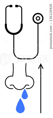 Healthcare, medical diagnosis, sinus issues, respiratory health, treatment, flu symptoms. A stethoscope facing a nose with blue droplets and an arrow. Healthcare and medical diagnosis concept 136126926