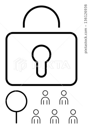 Cybersecurity, data protection, online privacy, information security, digital identity, access control. A padlock, magnifying glass and user icons. Cybersecurity and data protection concept 136126936