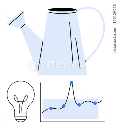 Gardening, innovation, business growth, data analysis, creativity, sustainability. Minimalist design a watering can, lightbulb and line graph. Gardening and innovation concept 136126938