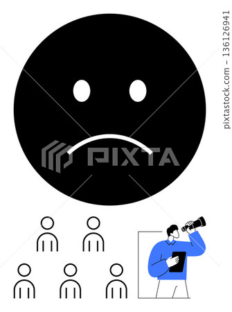 Social observation, sadness, group dynamics, emotional analysis, loneliness, human behavior study. Sad face emotion above a group of people and a person using a telescope. Social observation 136126941