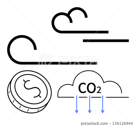 Climate change, air pollution, renewable energy, carbon trading, environment, sustainable future. CO2 cloud, wind graphic and coin climate issues. Climate change and air pollution concept 136126944