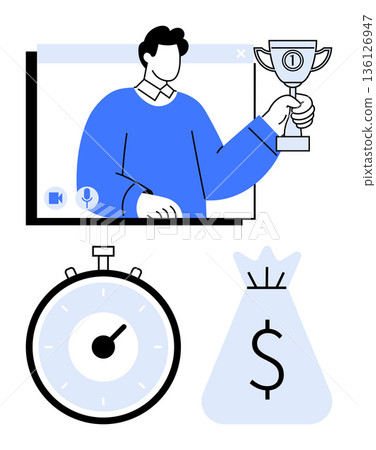 Online success, virtual rewards, productivity, time management, financial incentives, digital winning. Person holding a trophy in a video call, timer and money bag icons. Online success and virtual 136126947