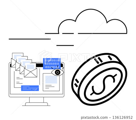 Digital economy, cybersecurity, cloud storage, data protection, email communication, online transactions. Computer screen with emails and a coin under a cloud. Digital economy and cybersecurity Digital economy, cybersecurity, cloud storage, data protection, email communication, online transactions. Computer screen with emails and a coin under a cloud. Digital economy and cybersecurity 136126952
