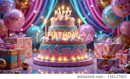 The image shows a celebratory birthday scene with a three-tiered cake taking center stage 136127001