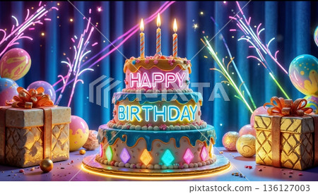 The image shows a birthday cake decorated with neon lettering that reads HAPPY BIRTHDAY 136127003