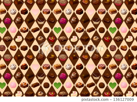 Beige background of diamond check and various bonbon chocolates 136127009