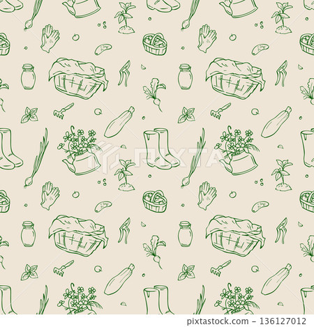 Seamless whimsical garden pattern with rubber boots, vegetabless, plants. Rustic outline illustration 136127012