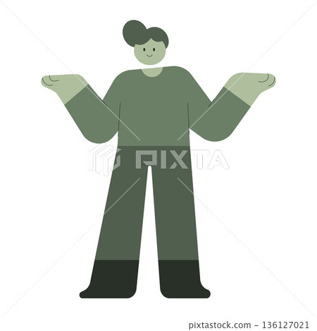 Minimalist vector man shrugging shoulders with confused expression. Simple flat design character for uncertainty, question, confusion and doubt concepts with friendly gesture. 136127021