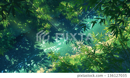 從空中俯瞰，陽光灑落在美麗的竹林上，清澈的溪流波光粼粼。 136127035