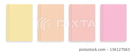 Vector blank warm light pastel colors realistic book cover mockups, closed organizer or notebook cover template with sheet of A4. Front view of yellow, orange and red notepad with binding mock up 136127063
