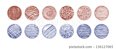 Set of isolated vector red and blue grunge textured ink brush scribble geometric circles. Scratched pen hand drawing round shapes with squiggle pattern for graphic design, decoration Set of isolated vector red and blue grunge textured ink brush scribble geometric circles. Scratched pen hand drawing round shapes with squiggle pattern for graphic design, decoration 136127065