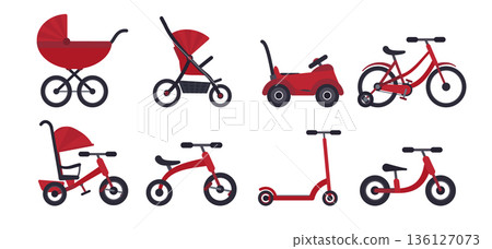 Red and black flat baby transport set for kids since birth till school. Color vector children transport - carriage, stroller, bicycle, rollers for educational books and apps, sticker, banner design 136127073