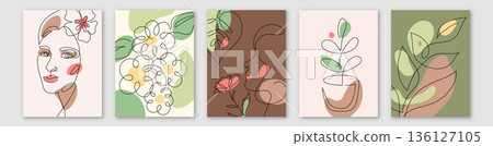 Line art woman face and botanical posters set vector illustration. Minimal continuous one line drawings of female portraits, flowers and leaves with organic abstract shapes in nature color 136127105