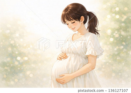 孕婦，女性，插圖，孕期，肚子，大，白色連身裙，準備分娩 136127107
