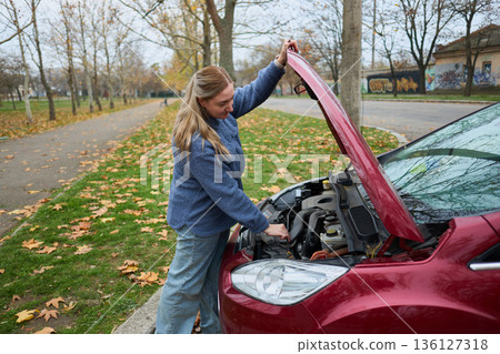 Woman checking car engine in autumn parking lot Woman checking car engine in autumn parking lot 136127318