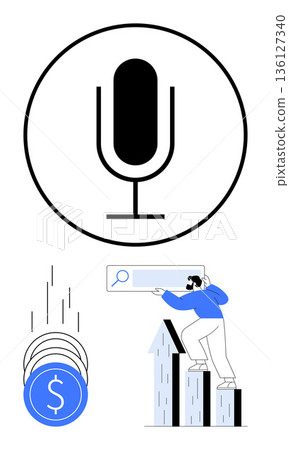 Content creation, voice search optimization, online revenue, digital advertising, business growth, financial success. Microphone, coins search bar and upward graph. Content creation and online 136127340