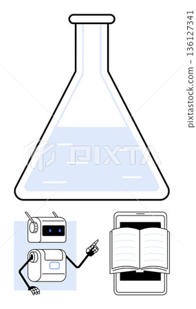 Science education, artificial intelligence, digital learning, innovation, research, futuristic concepts. A lab flask, a robot and an open ebook on a tablet screen. Science education and artificial 136127341