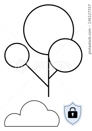 Data privacy, cloud computing, system protection, online security, secure storage, technology. Graphic of a tree, cloud and security shield with a lock. Data privacy and cloud computing 136127357
